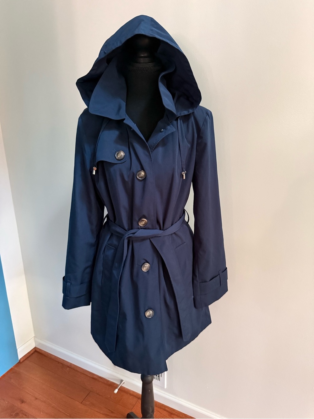 London Fog Navy Blue Hooded Belted Trench Rain Coat Women’s Classic Jacket - Picture 2 of 9